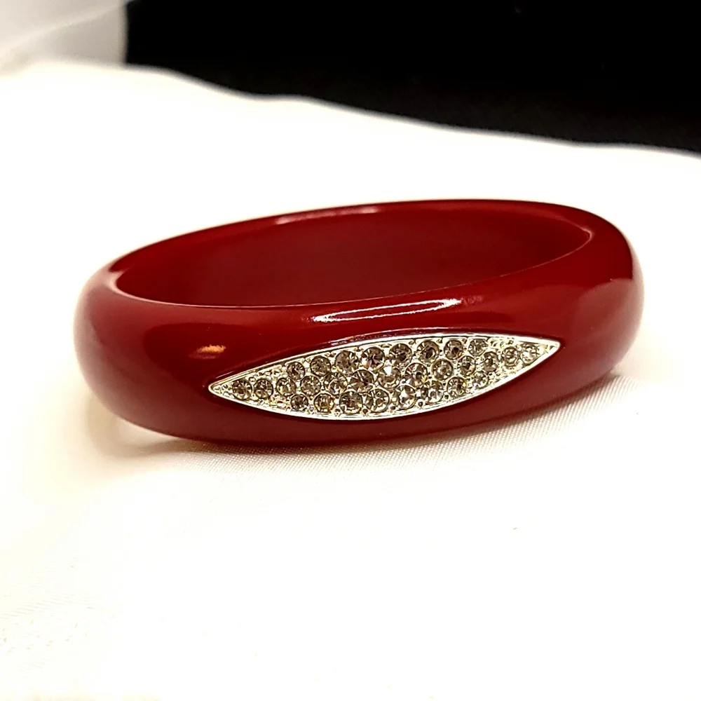 Red Lucite Pave Accent Bangle Bracelet Rouge Red Bracelet Accent Diamond Pave